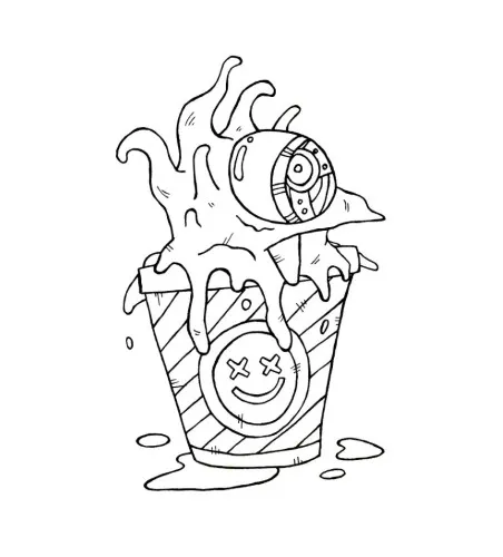 Ink drawing of cartoon characters reacting in shock to a dramatic ice cream moment