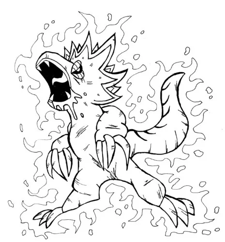 Ink drawing of a giant kaiju monster creature towering menacingly over a tiny city