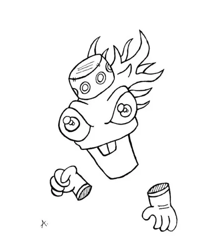 Ink drawing of a creature frantically searching for missing leftovers in the kitchen