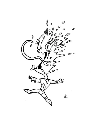 Ink drawing of a character experiencing a literal mind explosion with brain debris flying