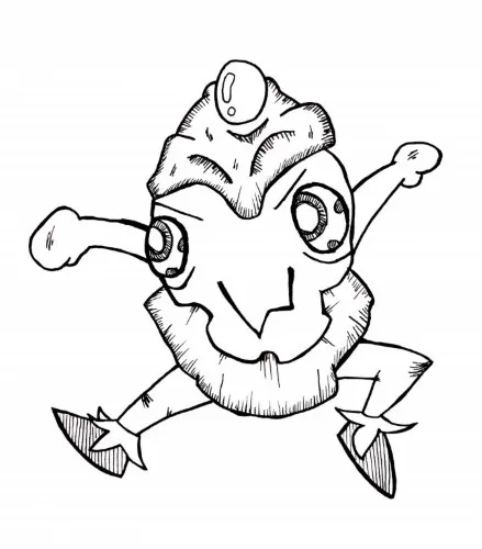 Ink drawing of a small cartoon boy character with innocent and curious wide eyes