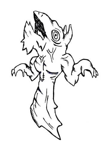 Ink drawing of an ancient powerful lizard god creature worshipped by smaller beings