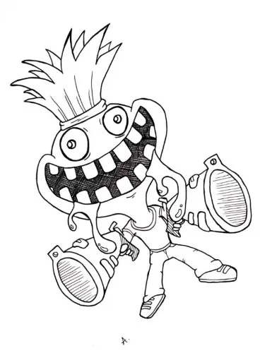 Ink drawing of a wild-eyed cartoon madman character with a crazed intense expression