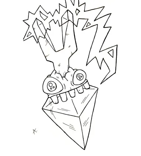Ink drawing of a cartoon character with magnetic powers attracting objects around it
