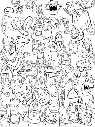 Ink drawing of an epic mashup combining numerous doodle characters into one chaotic scene