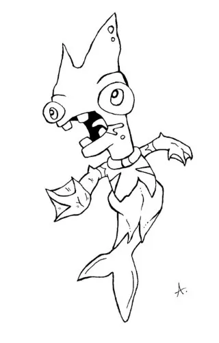 Ink drawing of a whimsical half-mermaid half-fish hybrid creature swimming underwater