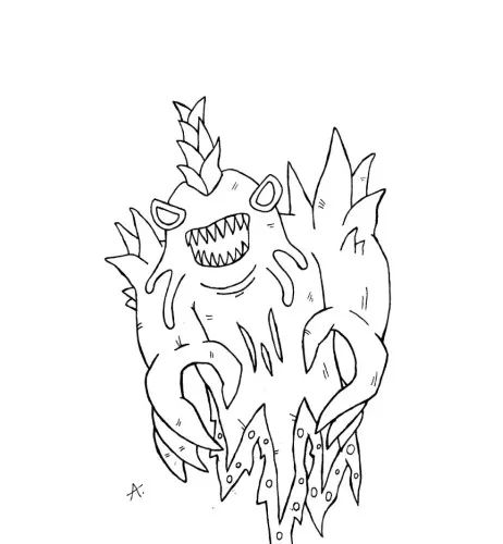 Ink drawing of cartoon creatures attempting to fix a microwave in absurd chaotic steps