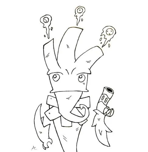 Ink drawing of a character peacefully minding their own business despite surrounding chaos