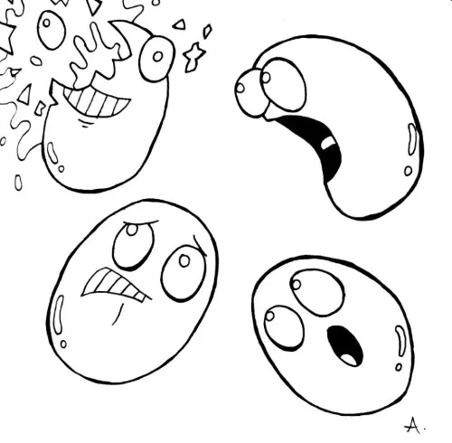 Ink drawing of an oddball misfit cartoon character standing out from the crowd proudly