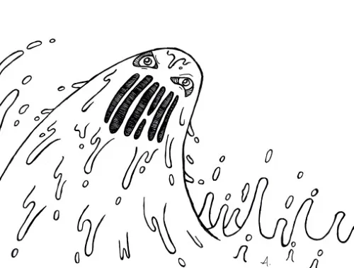 Ink drawing of a cartoon character covered head to toe in sloppy thick mud