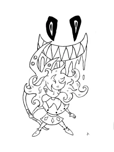 Ink drawing of two nightmarish creatures facing off in an intense dramatic duel