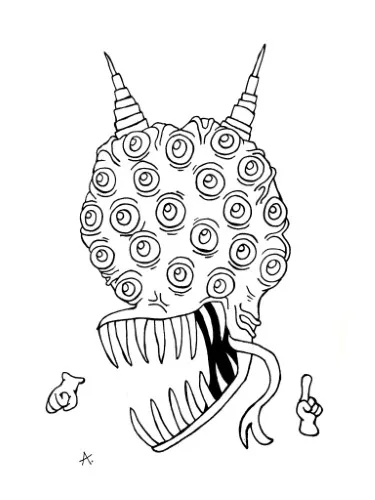 Ink drawing of grim cartoon characters finding no humor at the end of the world