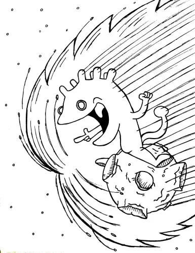 Ink drawing of an alien creature traveling through space on its way to planet Earth
