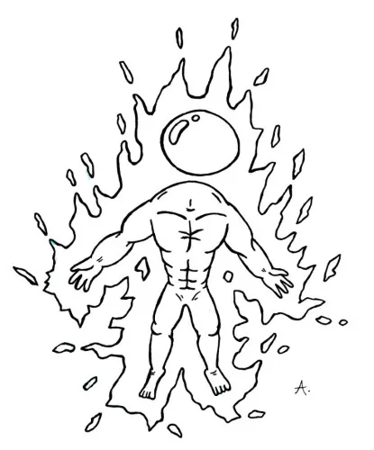 Ink drawing depicting the mysterious origin story of a cartoon creature coming to life