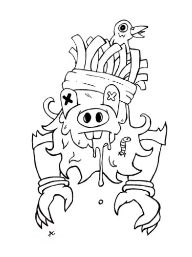 Ink drawing of a swashbuckling pig pirate character on a seafaring adventure