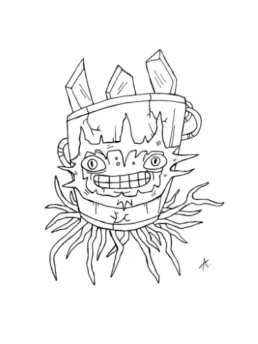 Ink drawing of a strange sentient plant creature with expressive features and vines