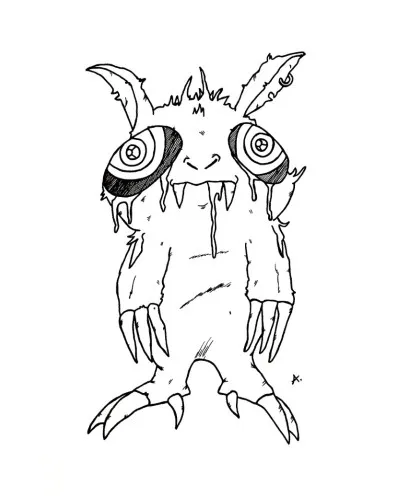 Ink drawing of a scrappy cartoon rat character with sharp teeth and a long tail