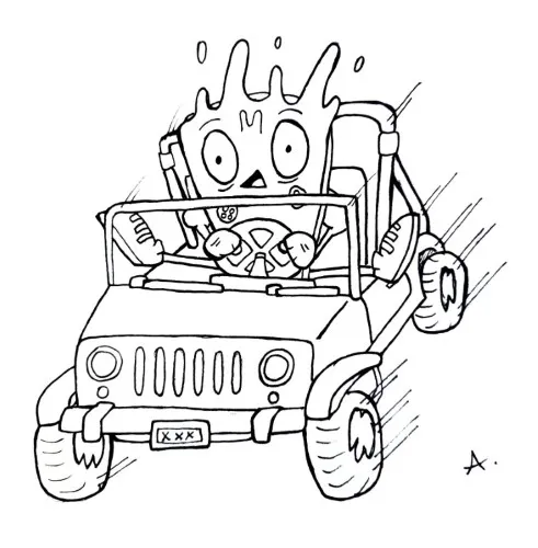 Ink drawing of cartoon characters enjoying a wild and thrilling high-speed ride adventure