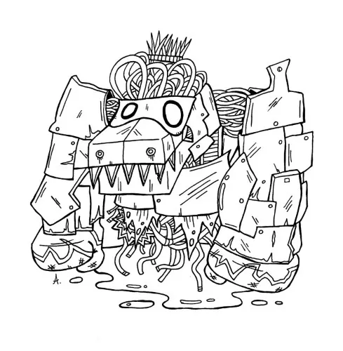 Ink drawing of a robotic crocodile character, the last of its kind