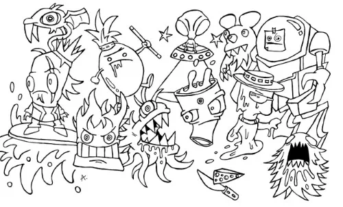 Ink drawing of characters desperately trying to survive trapped inside a running microwave
