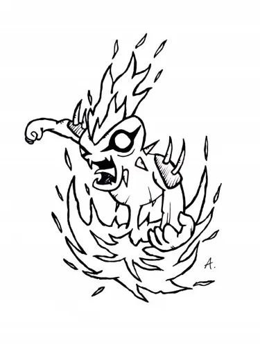 Ink drawing of a cartoon character left scorched and charred after a fiery explosion