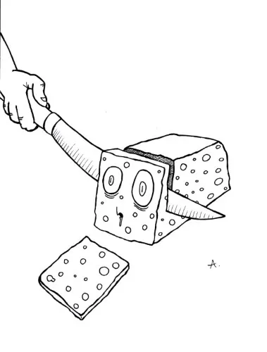 Ink drawing of a sharp slicing action cutting through objects in a dynamic cartoon scene