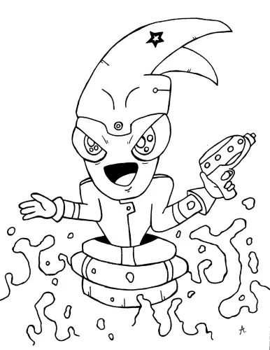 Ink drawing of alien creatures launching a chaotic invasion from outer space above