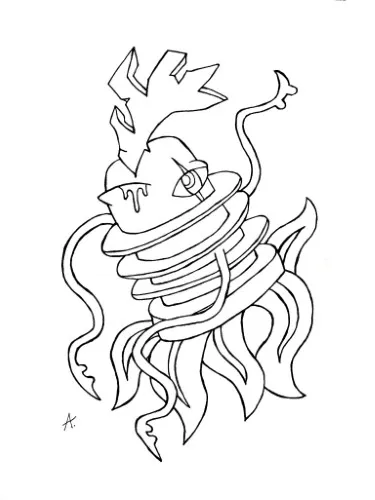 Ink drawing of alien seaweed creatures drifting through outer space among the stars