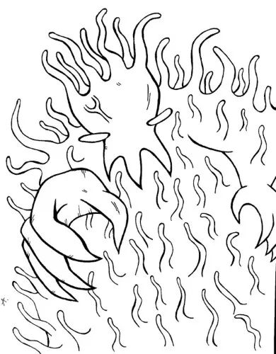 Ink drawing depicting a dramatic explosive impact with debris and energy flying everywhere