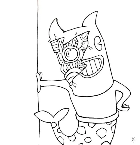 Ink drawing of a character revealing their hidden inner self or alter ego within