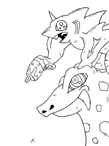 Ink drawing depicting the creative process of a character or creature being assembled