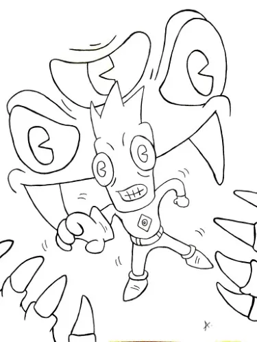 Ink drawing of a menacing three-eyed creature causing chaos and destruction