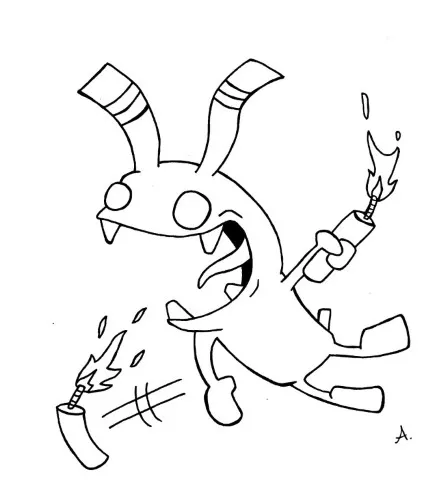 Ink drawing of explosive TNT dynamite sticks about to detonate in a cartoon blast