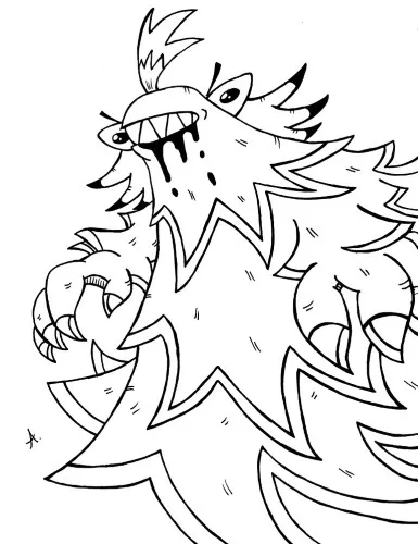 Ink drawing of adventurous cartoon creatures exploring high up in the rugged mountains