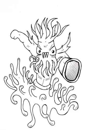 Ink drawing of a cartoon character chaotically planning an overly ambitious vacation trip