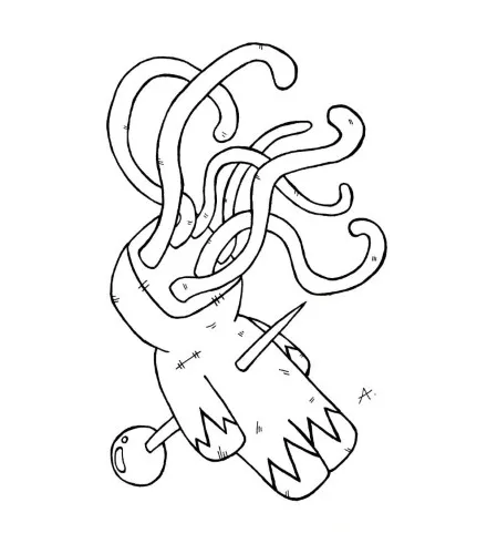 Ink drawing of a spooky voodoo doll character with pins and dark magic elements