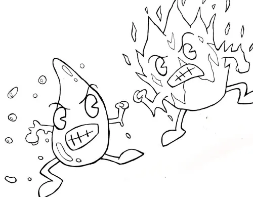 Ink drawing depicting a battle between water and fire elemental cartoon characters