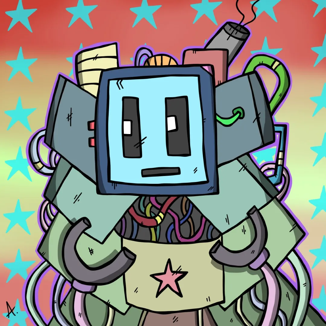 Digital art of unit A-99, a towering armored robot with glowing crimson eyes and heavy plating