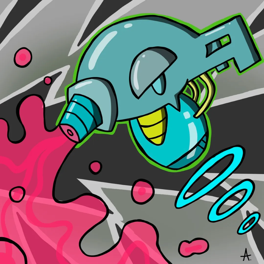 Digital art of unit B-008, a compact armored drone with a visor faceplate and sturdy reinforced build