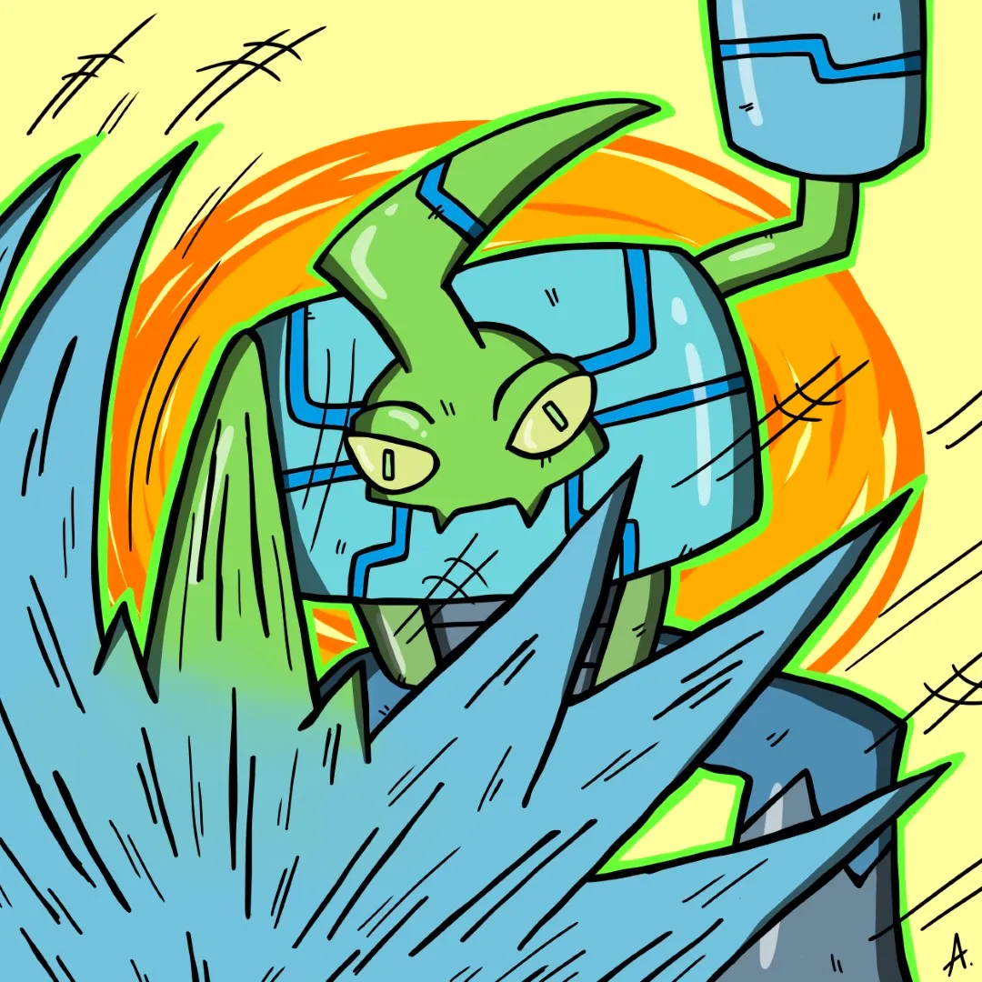 Digital art of unit C-777, a cybernetic entity with chrome plating and triple-lens optical array