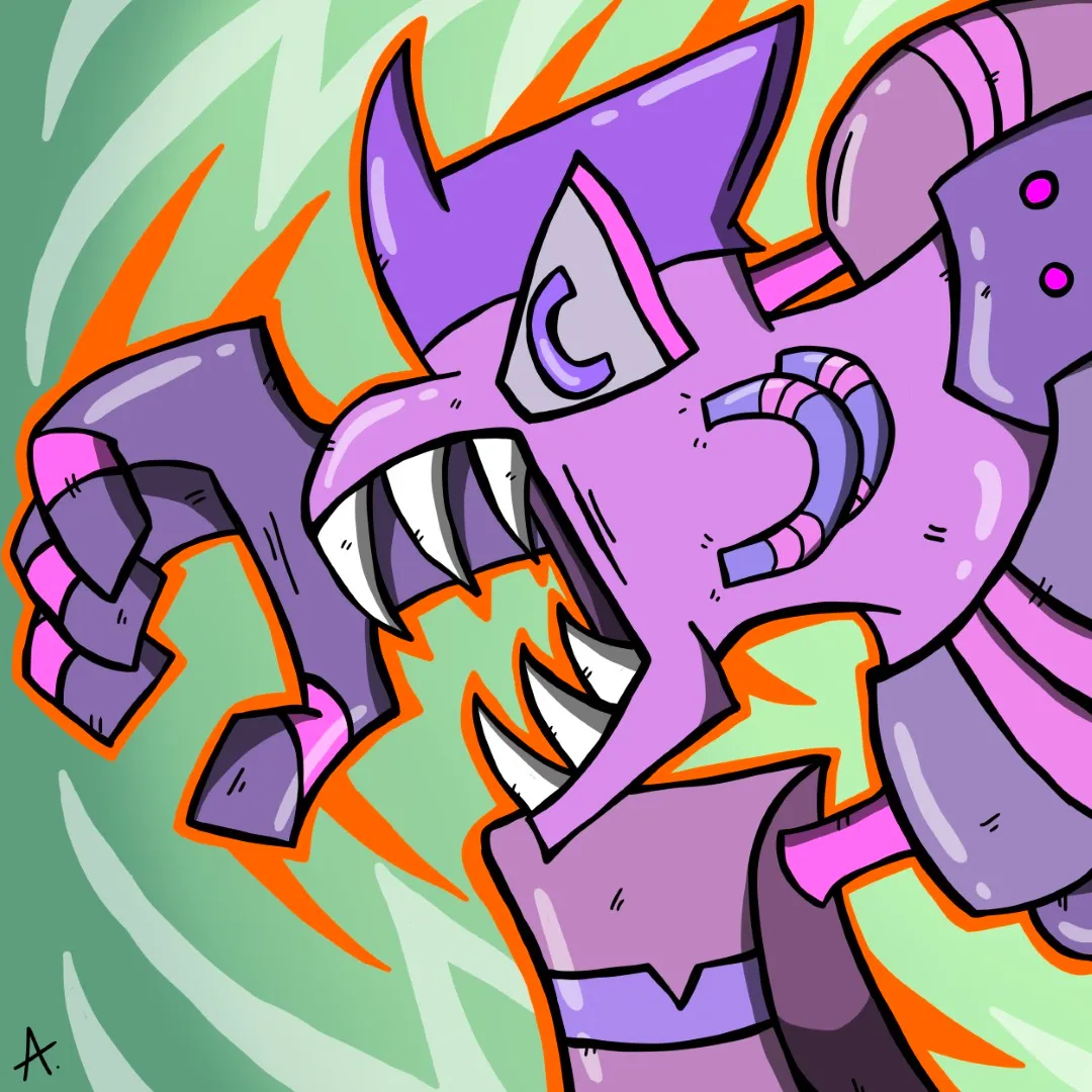 Digital art of unit K-247, a knightly robotic figure with a blade arm and ornate metallic crest