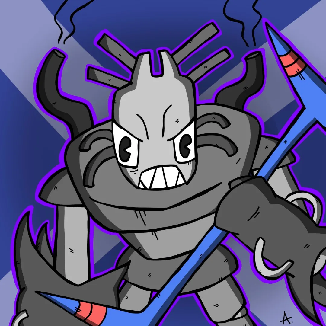 Digital art of unit U-829, a hulking mechanical brute with heavy riveted armor and smoldering eyes