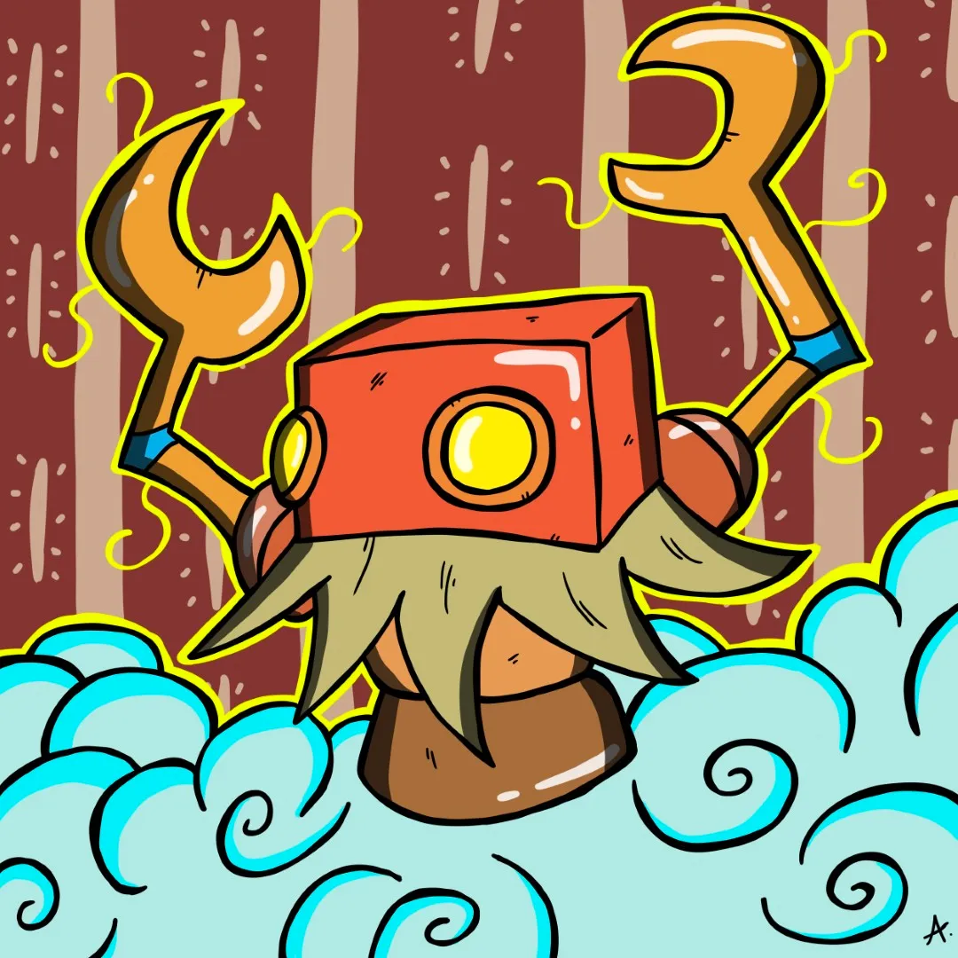 Digital art of unit W-6, a massive titan-class mech with reinforced steel plating and glowing joints