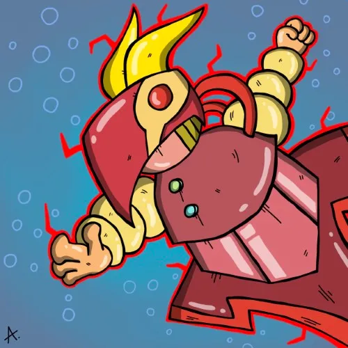 Digital art of unit A-314, an ancient sentinel robot with weathered bronze armor and stoic expression