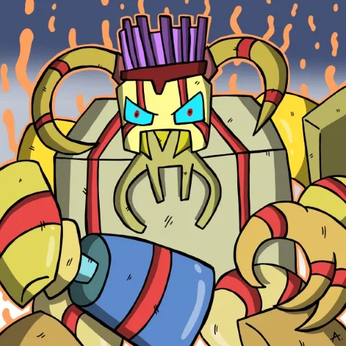 Digital art of unit F-60, a battle-worn mechanical warrior with scorched plating and fierce stance