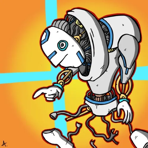 Digital art of prototype L-99, an experimental robotic figure with exposed wiring and raw metal frame