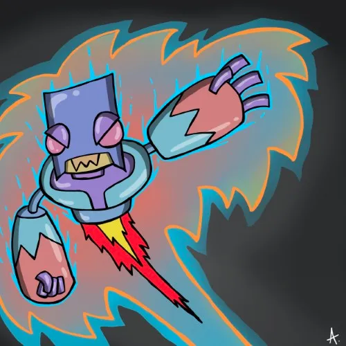 Digital art of unit R-360, a rotating turret-based mech with omnidirectional sensors and thick armor