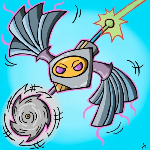 Digital art of unit T-91, a tactical assault mech with angular stealth plating and red sensor eye