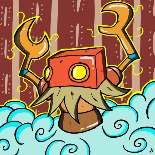 Digital art of unit W-6, a massive titan-class mech with reinforced steel plating and glowing joints