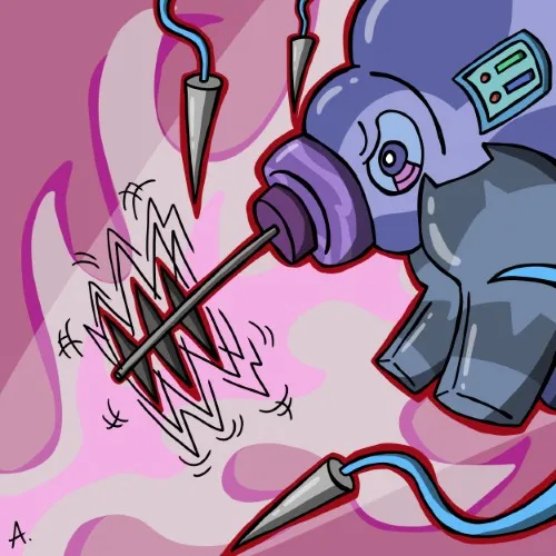 Digital art of unit Z-885, a sleek sentinel robot with sharp angular armor and blue energy core